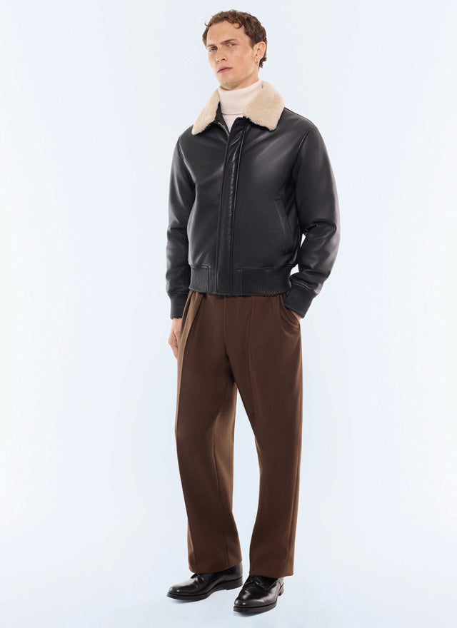 Blouson en cuir d'agneau à col amovible Noir