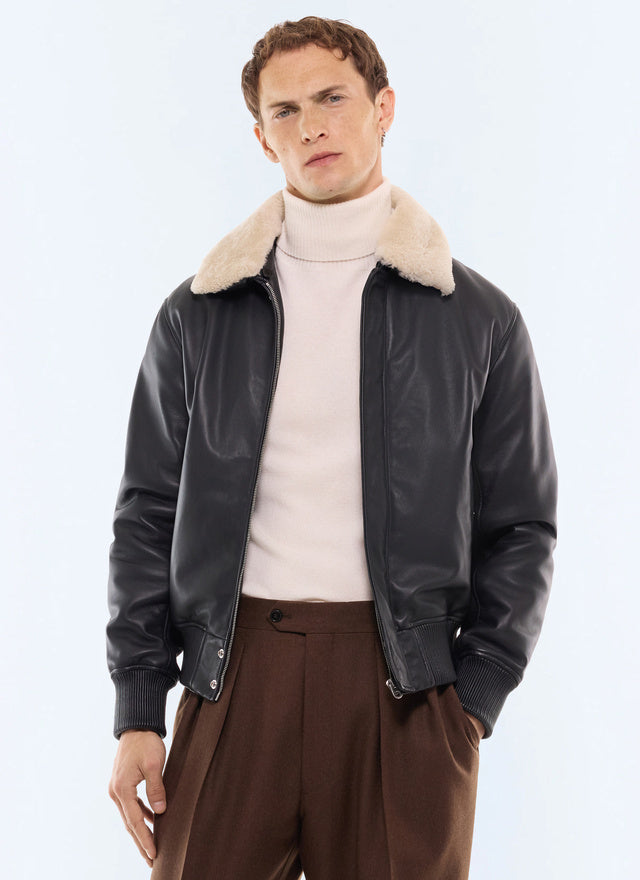 Blouson en cuir d'agneau à col amovible Noir
