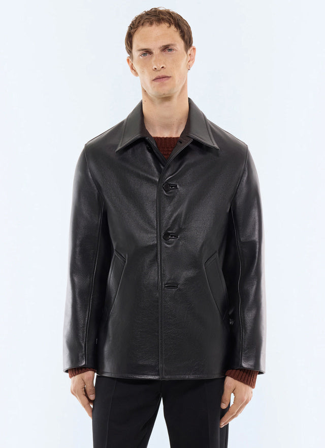Veste ¾ boutonnée en cuir Noir