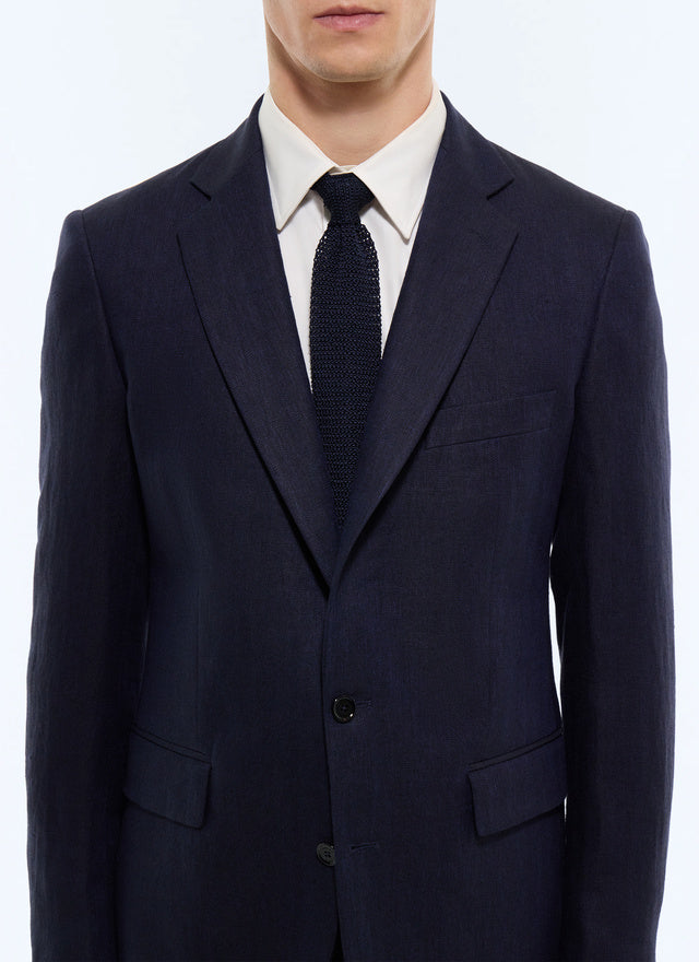 Costume ajusté en lin à chevrons Bleu marine - Motif chevrons ton sur ton