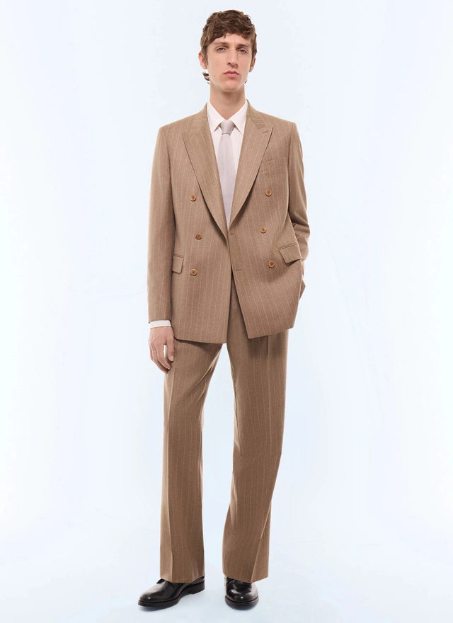 Costume croisé en laine rayée Camel