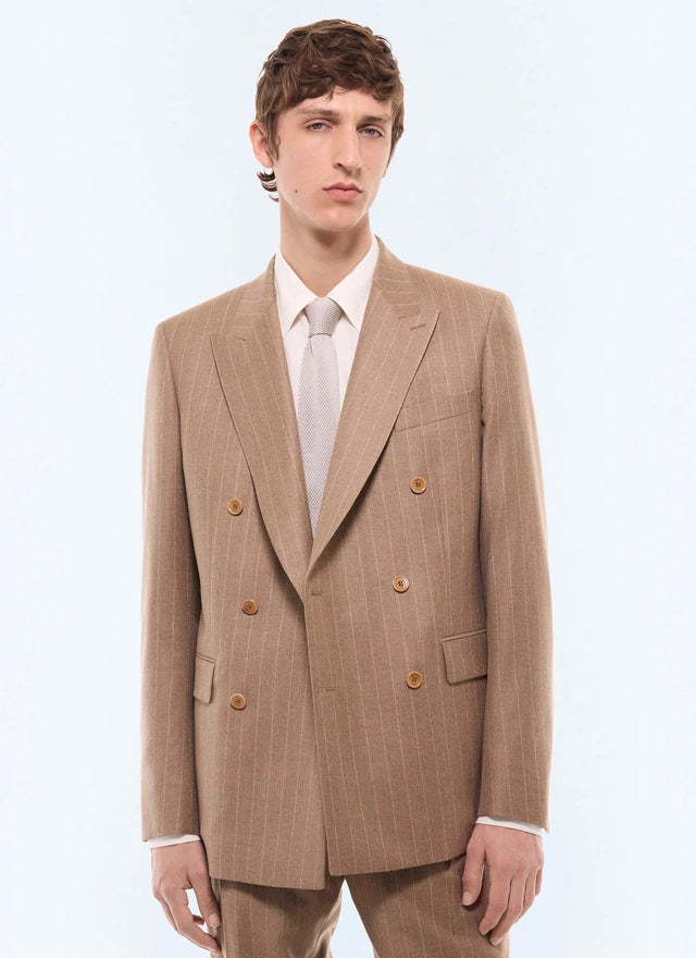 Costume croisé en laine rayée Camel