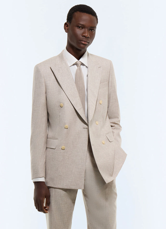 Costume croisé en laine vierge faux uni Beige grisé - Effet chiné