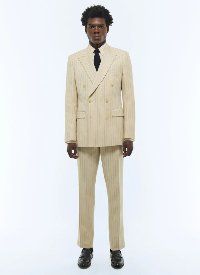 Costume croisé en coton et lin Beige - Rayures contrastées