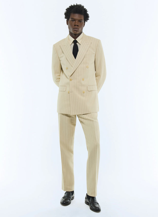 Costume croisé en coton et lin Beige - Rayures contrastées