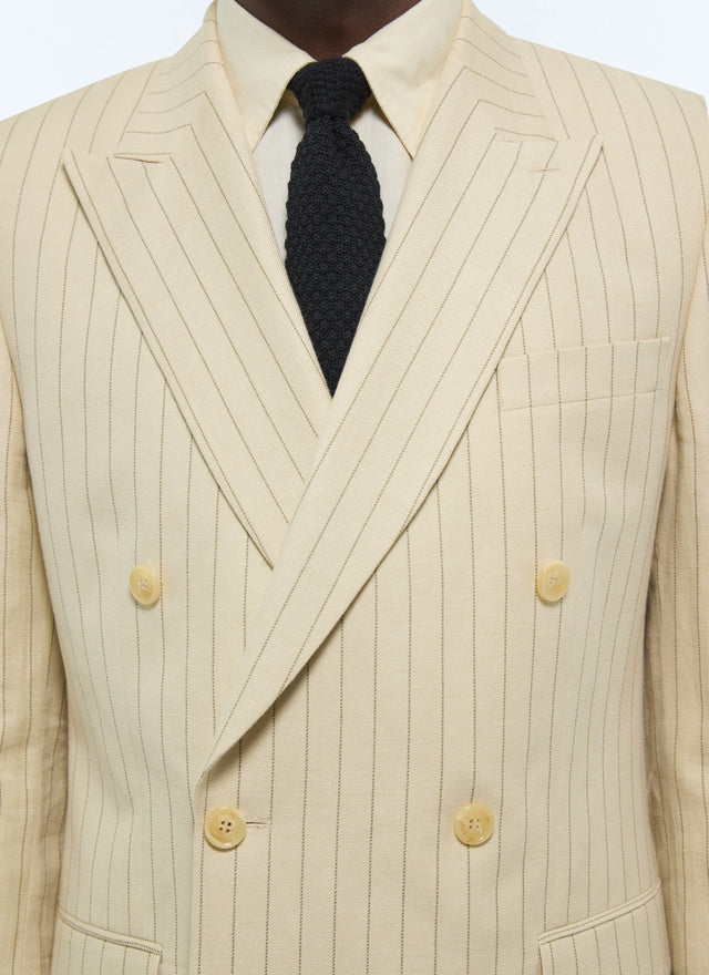 Costume croisé en coton et lin Beige - Rayures contrastées