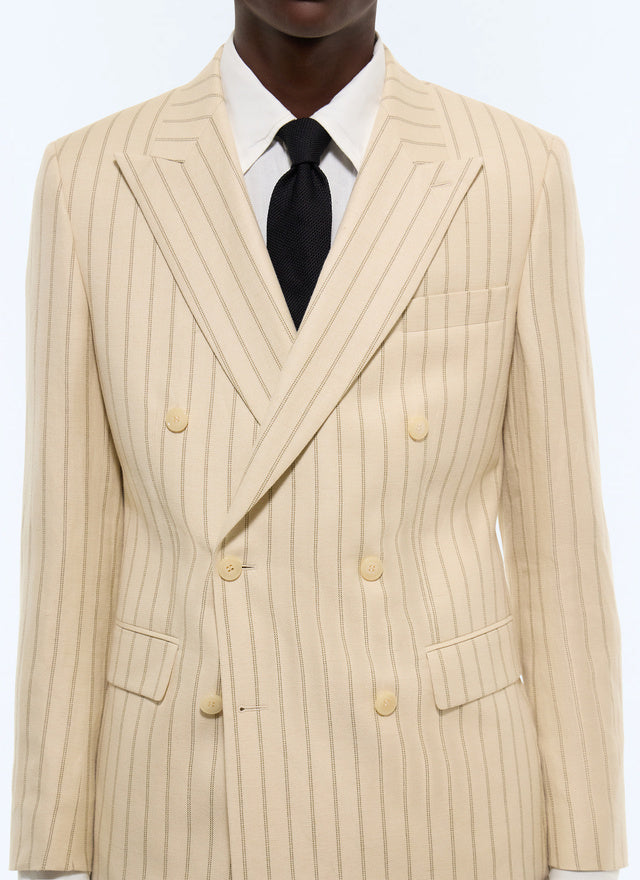 Costume croisé en coton et lin à rayures Beige - Rayures contrastées