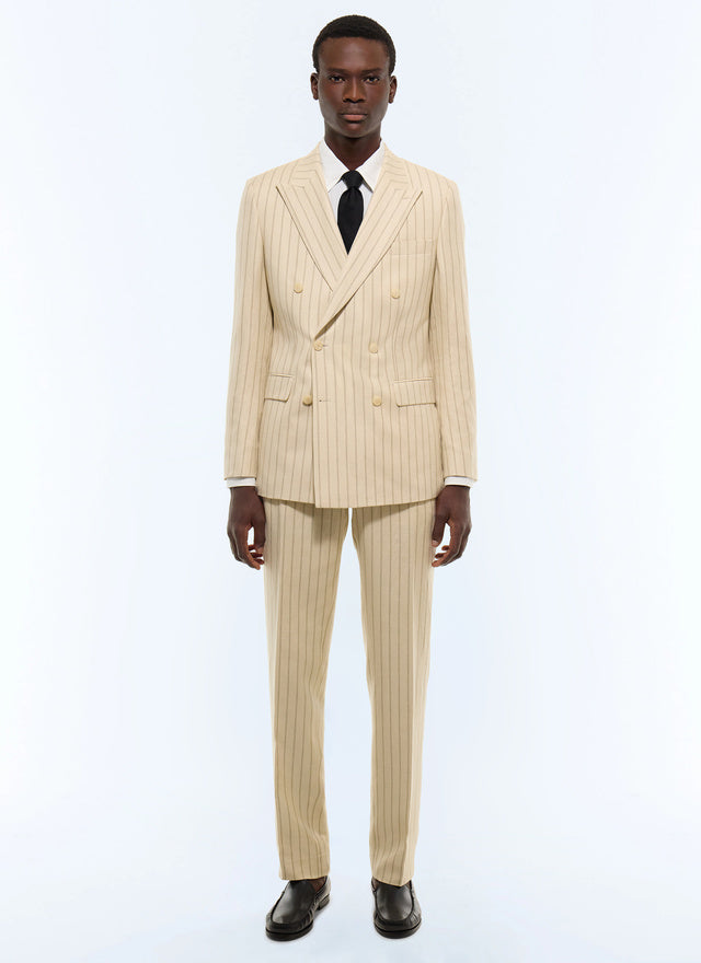 Costume croisé en coton et lin à rayures Beige - Rayures contrastées