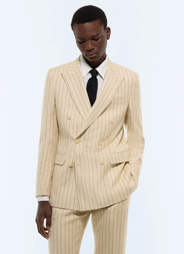 Costume croisé en coton et lin à rayures Beige - Rayures contrastées
