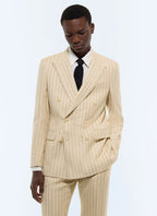 Costume croisé en coton et lin à rayures Beige - Rayures contrastées
