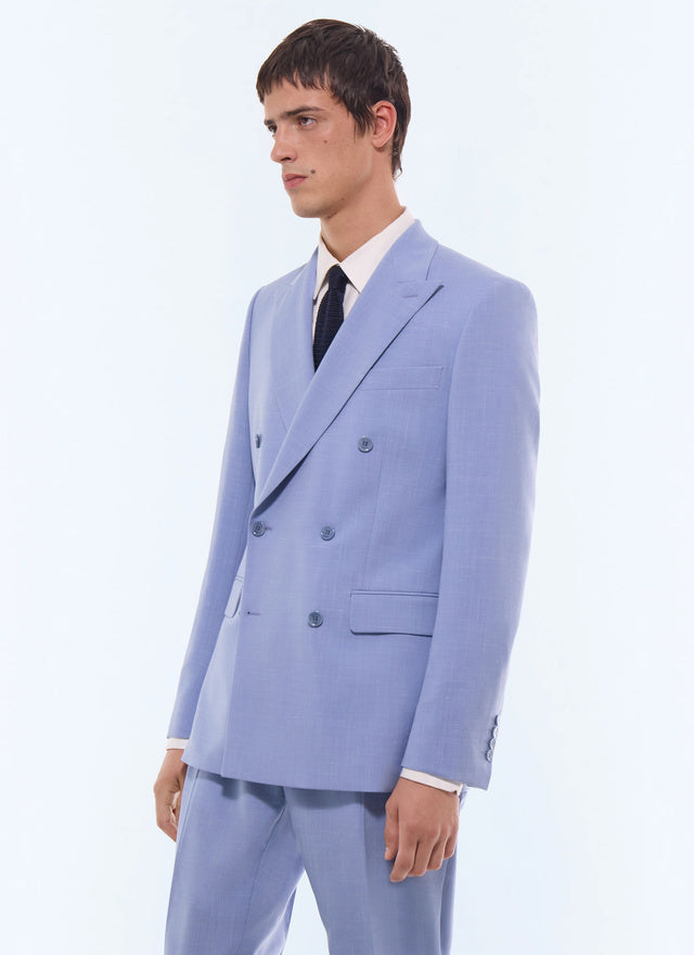 Costume croisé en laine et lin Bleu pastel - Effet chiné
