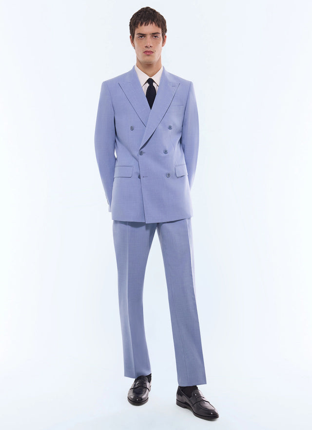 Costume croisé en laine et lin Bleu pastel - Effet chiné