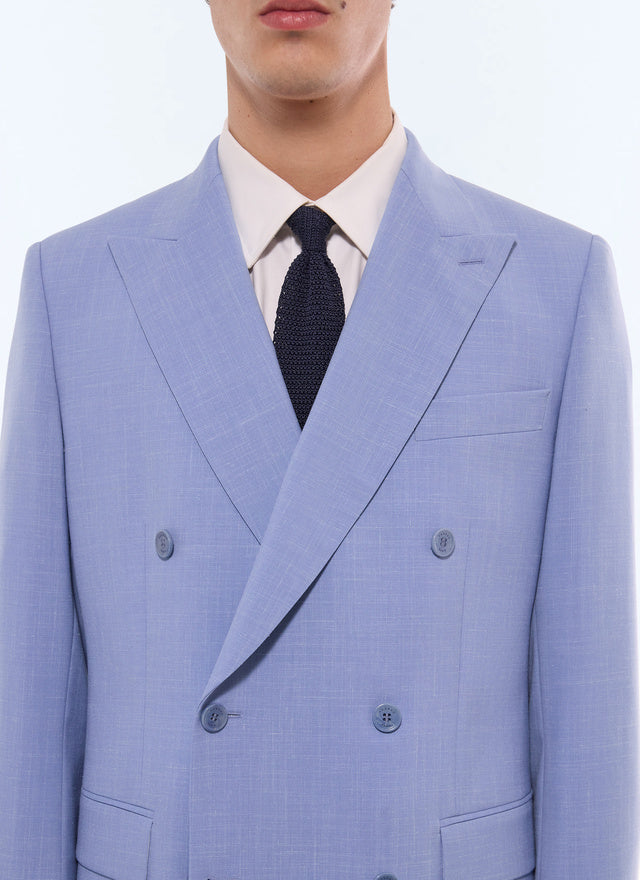 Costume croisé en laine et lin Bleu pastel - Effet chiné
