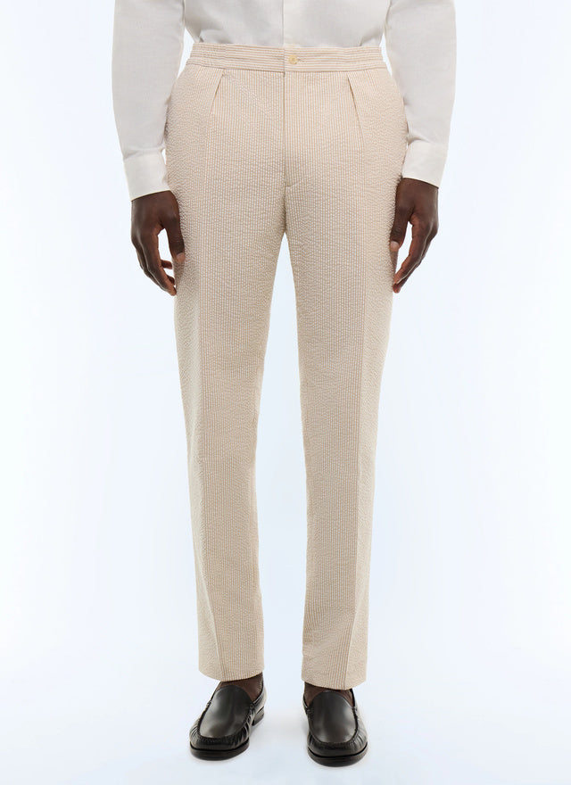 Pantalon élastiqué en seersucker rayé Blanc - Rayures beiges