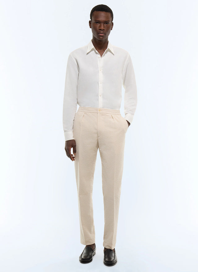 Pantalon élastiqué en seersucker rayé Blanc - Rayures beiges