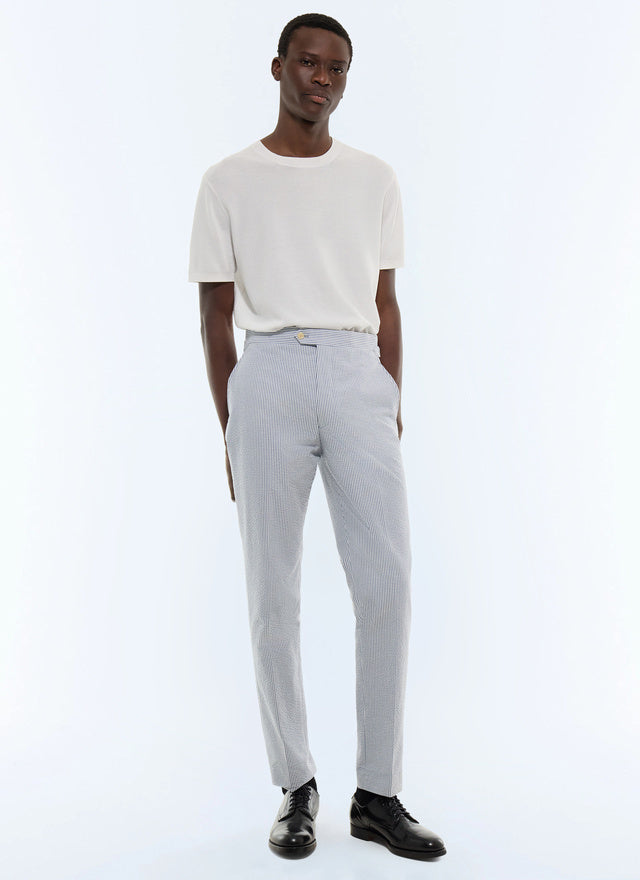 Pantalon ajusté en seersucker à rayures Blanc - Rayures bleu ciel