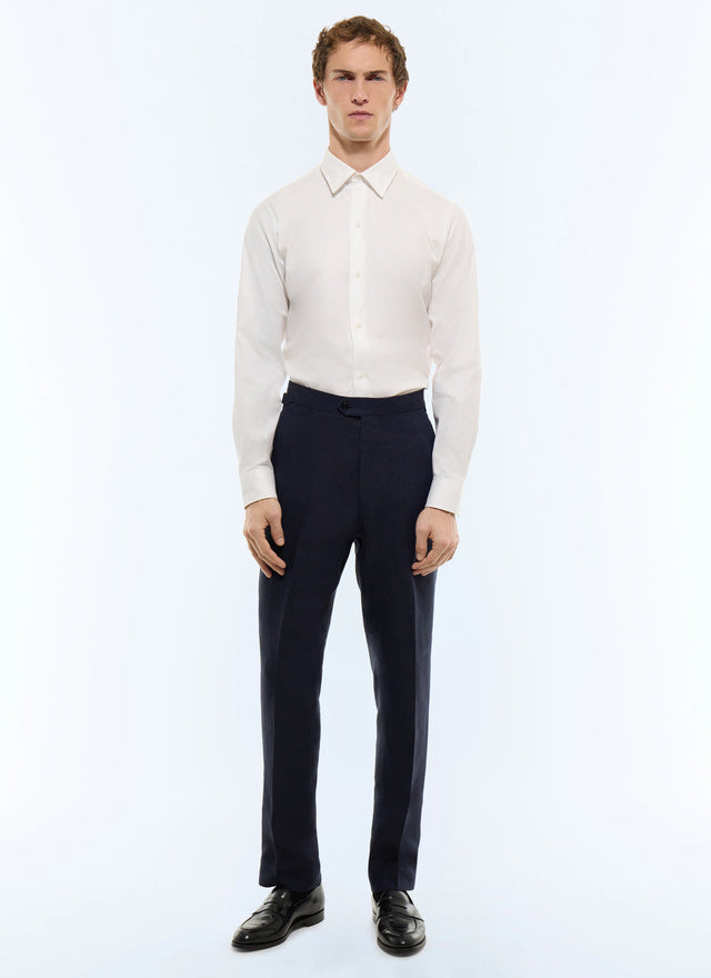 Pantalon ajusté à chevrons en lin Bleu marine - Motif chevrons ton sur ton