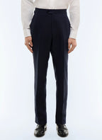 Pantalon ajusté à chevrons en lin Bleu marine - Motif chevrons ton sur ton