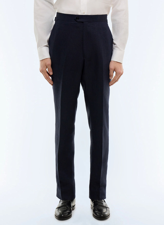 Pantalon ajusté à chevrons en lin Bleu marine - Motif chevrons ton sur ton