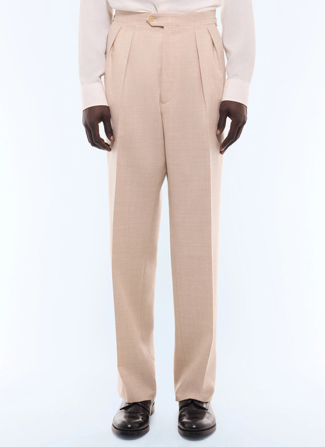 Pantalon large double pinces en flanelle Naturel