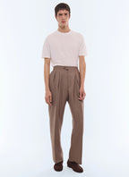 Pantalon large à pli en laine et mohair Taupe - Motif carreaux