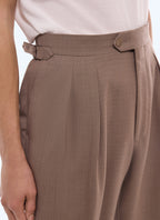 Pantalon large à pli en laine et mohair Taupe - Motif carreaux