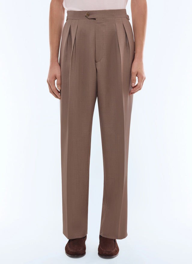 Pantalon large à pli en laine et mohair Taupe - Motif carreaux