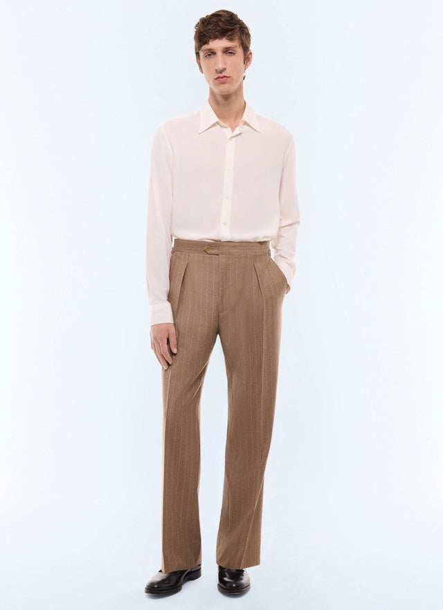 Pantalon de costume en laine rayée Camel