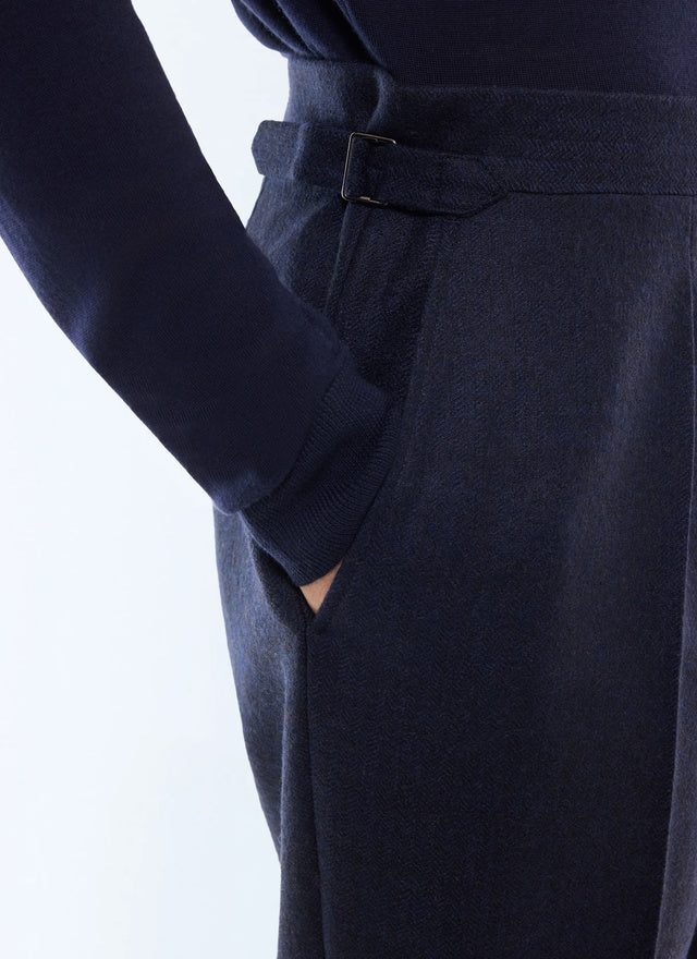 Pantalon de costume en laine à chevrons Marine