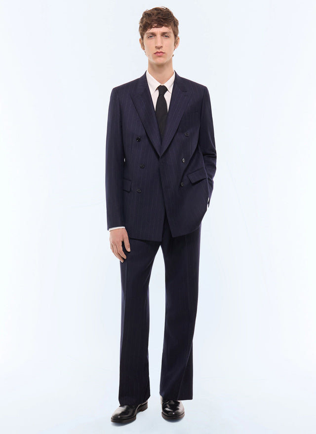 Pantalon de costume en laine rayée Marine