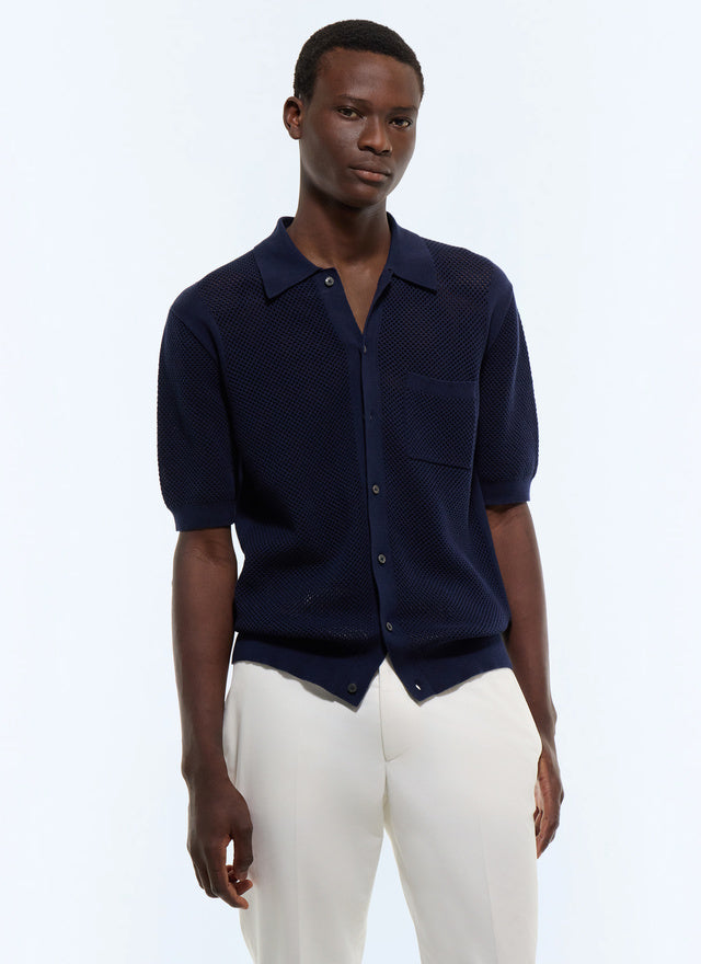 Polo ajouré en maille fine de coton Bleu marine