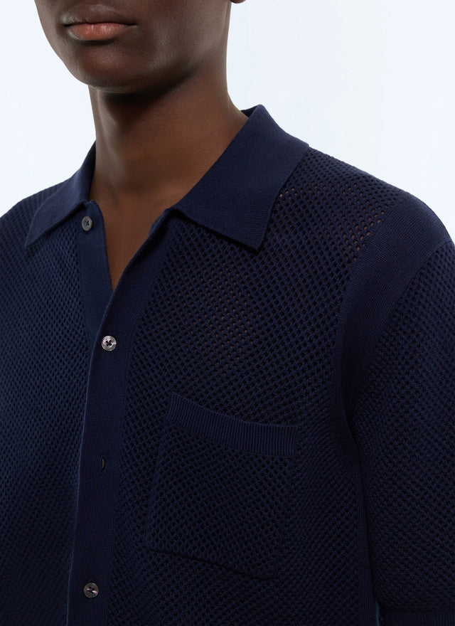 Polo ajouré en maille fine de coton Bleu marine