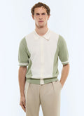 Polo bicolore en coton Ecru et vert sauge