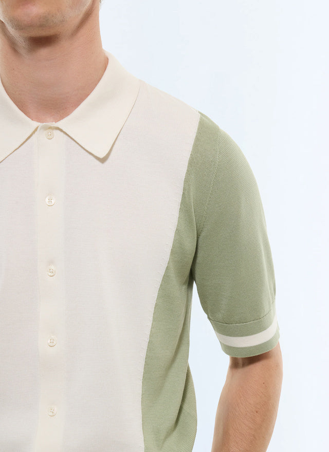 Polo bicolore en coton Ecru et vert sauge