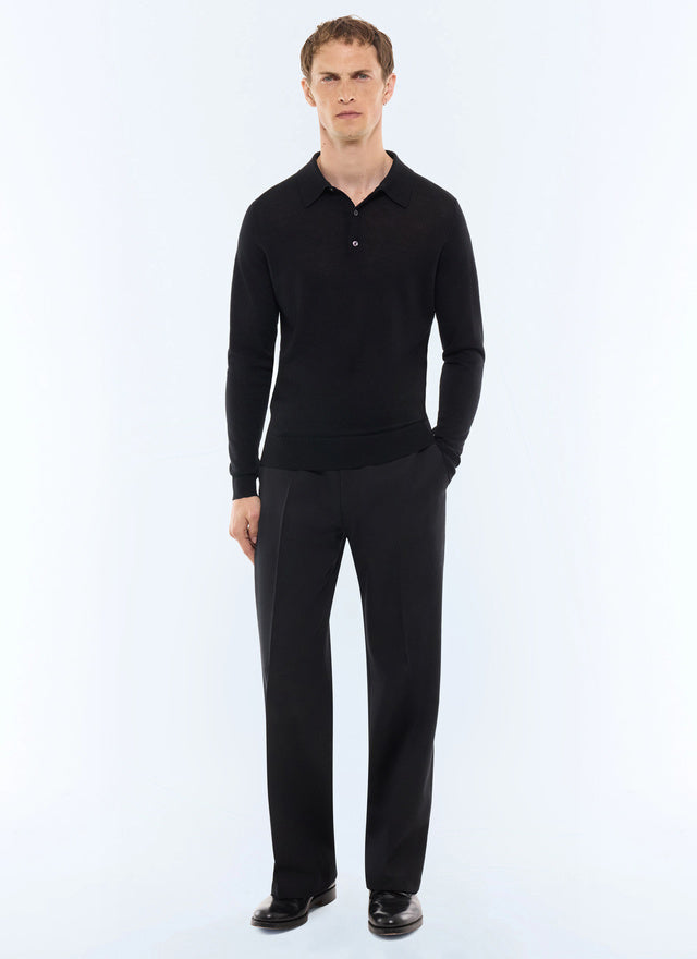 Polo à manches longues en laine mérinos Noir