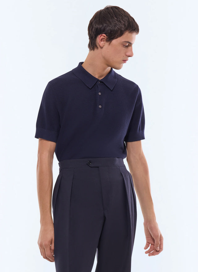 Polo point de riz en coton et cachemire Bleu marine
