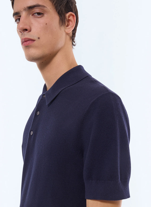 Polo point de riz en coton et cachemire Bleu marine