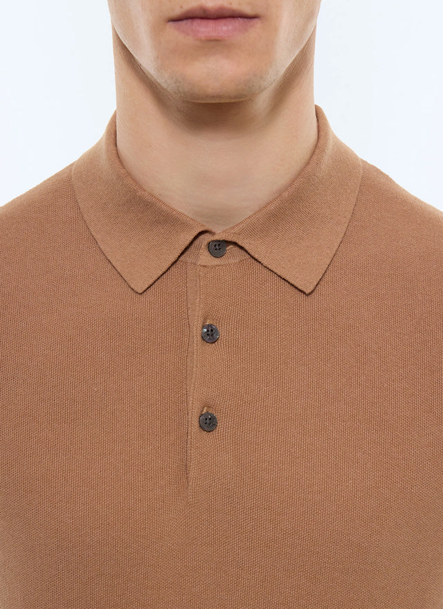 Polo point de riz en coton et cachemire Noisette
