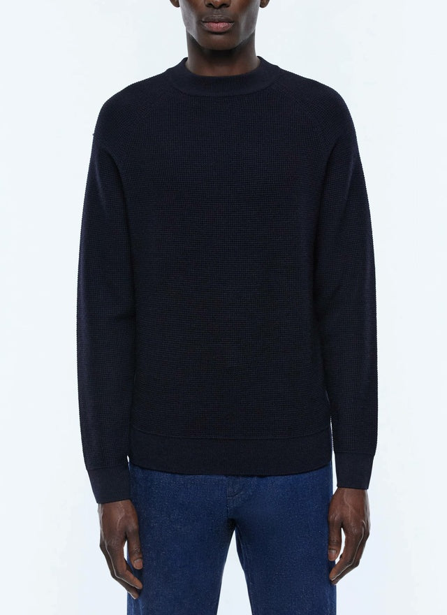 Pull point de riz en laine certifiée Bleu marine