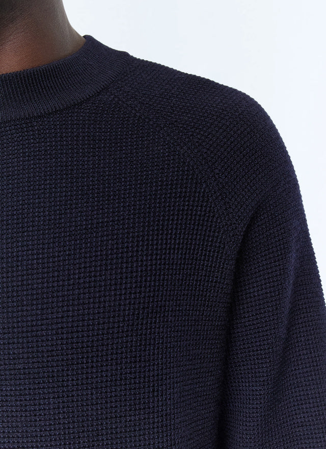 Pull point de riz en laine certifiée Bleu marine