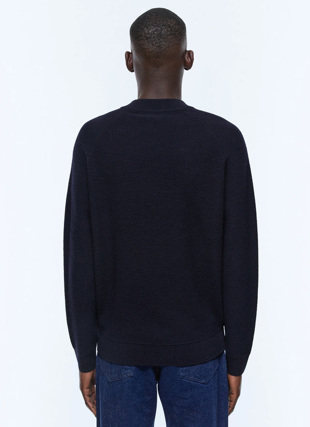 Pull point de riz en laine certifiée Bleu marine
