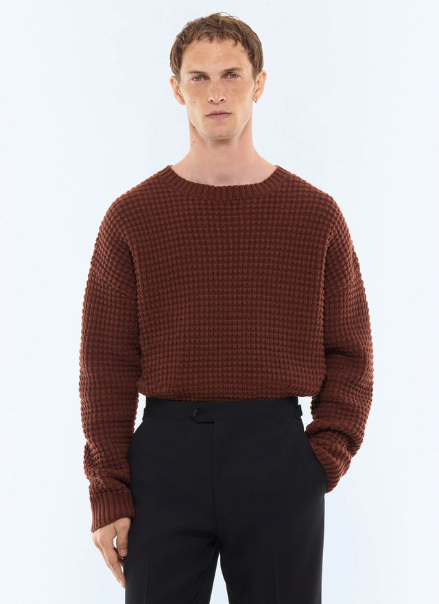 Pull col rond en laine gaufrée Brique
