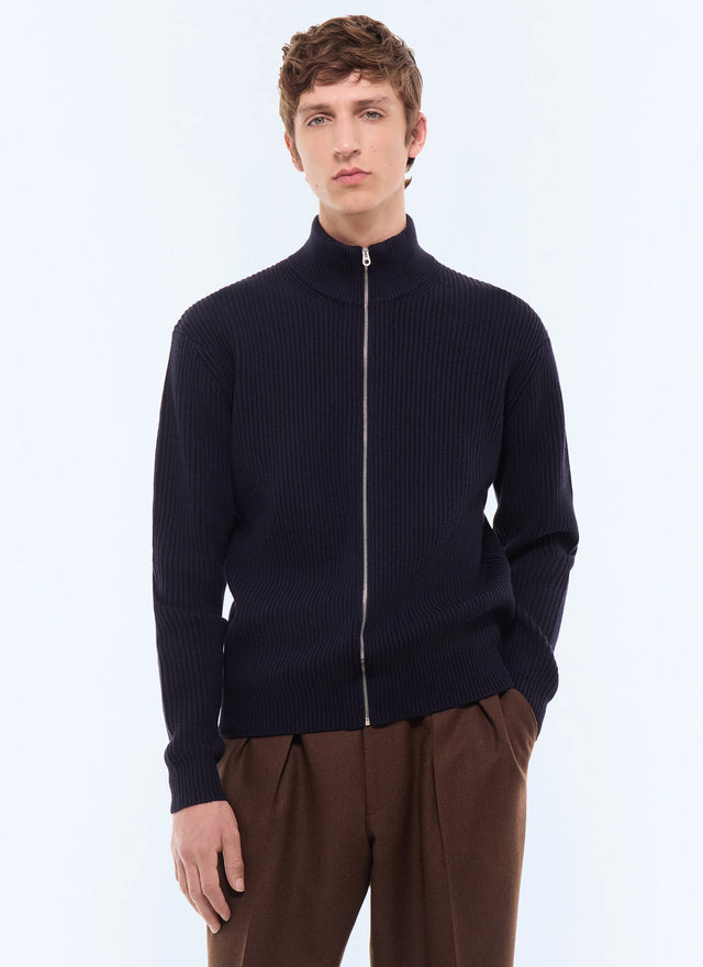 Cardigan à côtes en laine et coton Marine