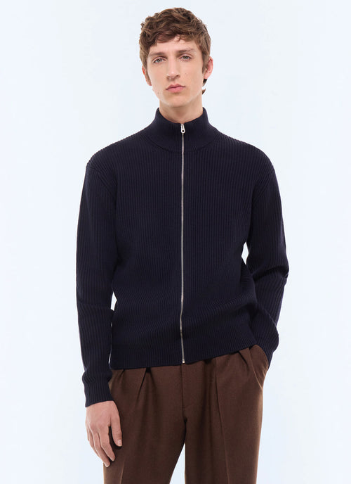 Cardigan à côtes en laine et coton Marine