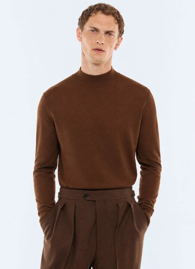 Pull col cheminée en laine mérinos Tabac