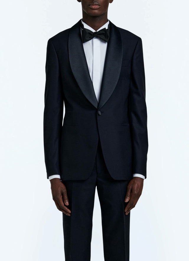 Veste de smoking col châle satin en faille de laine Bleu marine