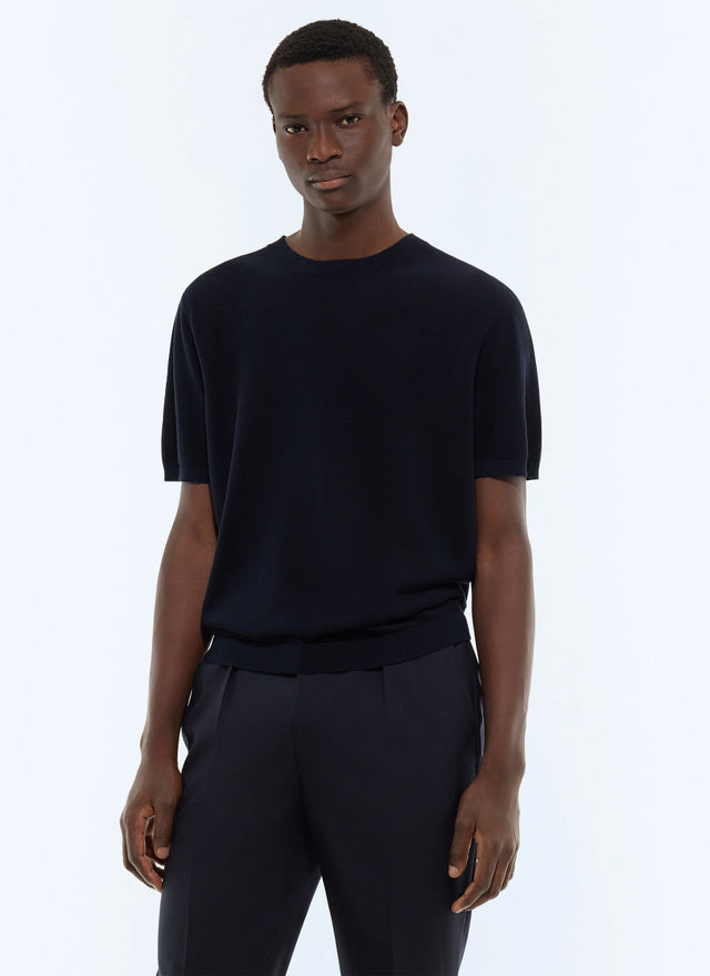 T-shirt point de riz en coton mercerisé Bleu marine
