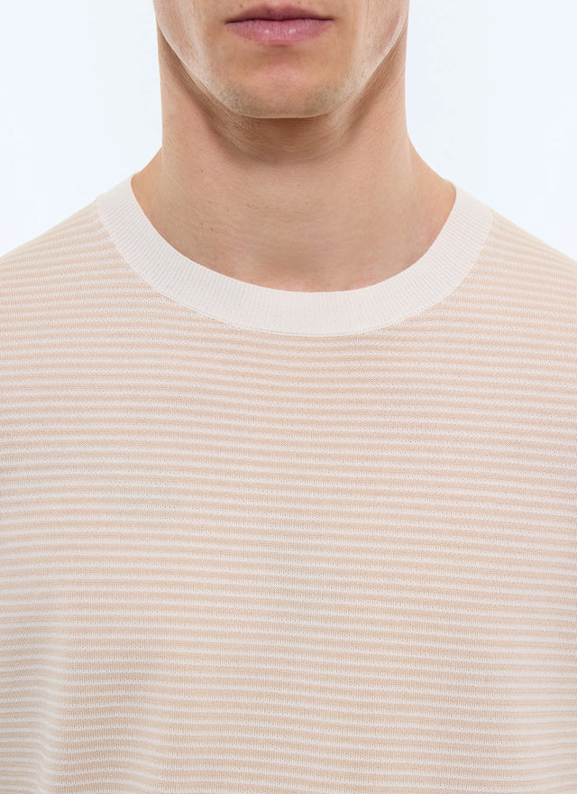T-shirt à rayures en coton mercerisé Rayures blanches et beiges