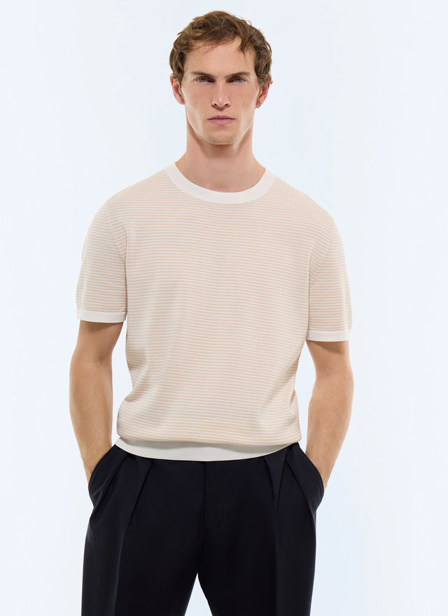 T-shirt à rayures en coton mercerisé Rayures blanches et beiges