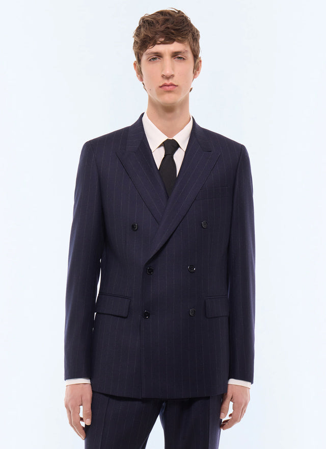 Veste de costume croisée en laine rayée Marine